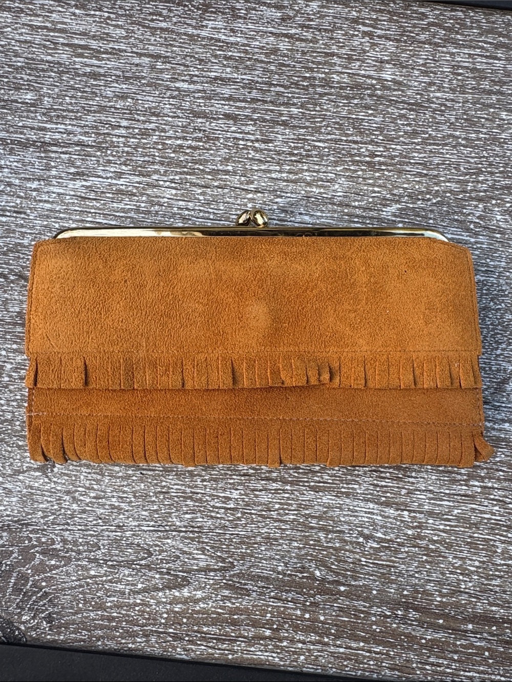 Vintage Suede Fringe Clutch Wallet in Cognac Brown